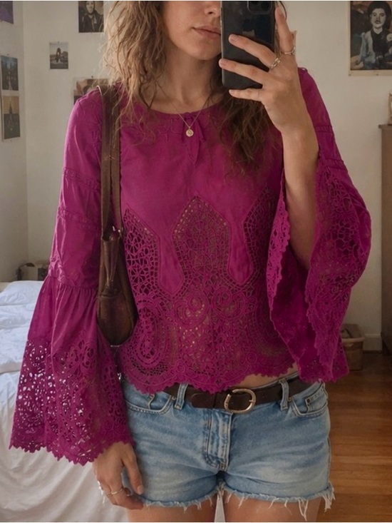Chloe Oliver Tops - Anthropologie Chloe Oliver Magenta Bell Sleeve Lace Top
